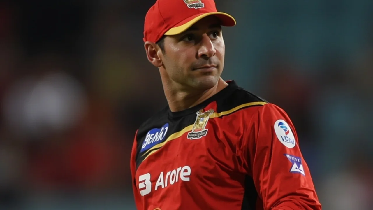 Close-up frame of a cricketer in dark red playing kit mid-action with the background blurred behind