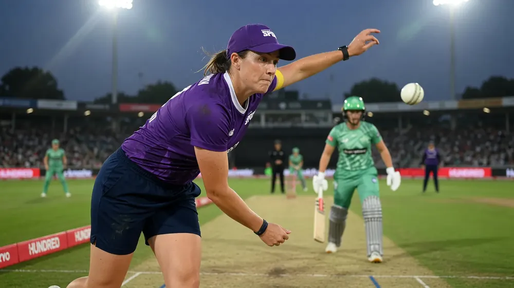 Woman bowler in a purple cap and jersey releasing a white ball under floodlights while a green-kit batter waits on a grass pitch