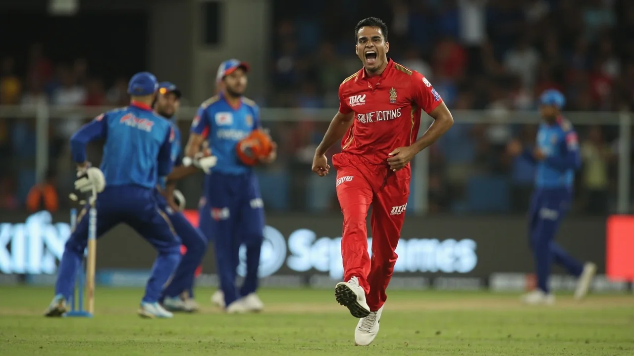Medium shot of a bowler at the top of his mark, with the field placement and tactical ring visible in the background during a List A fixture